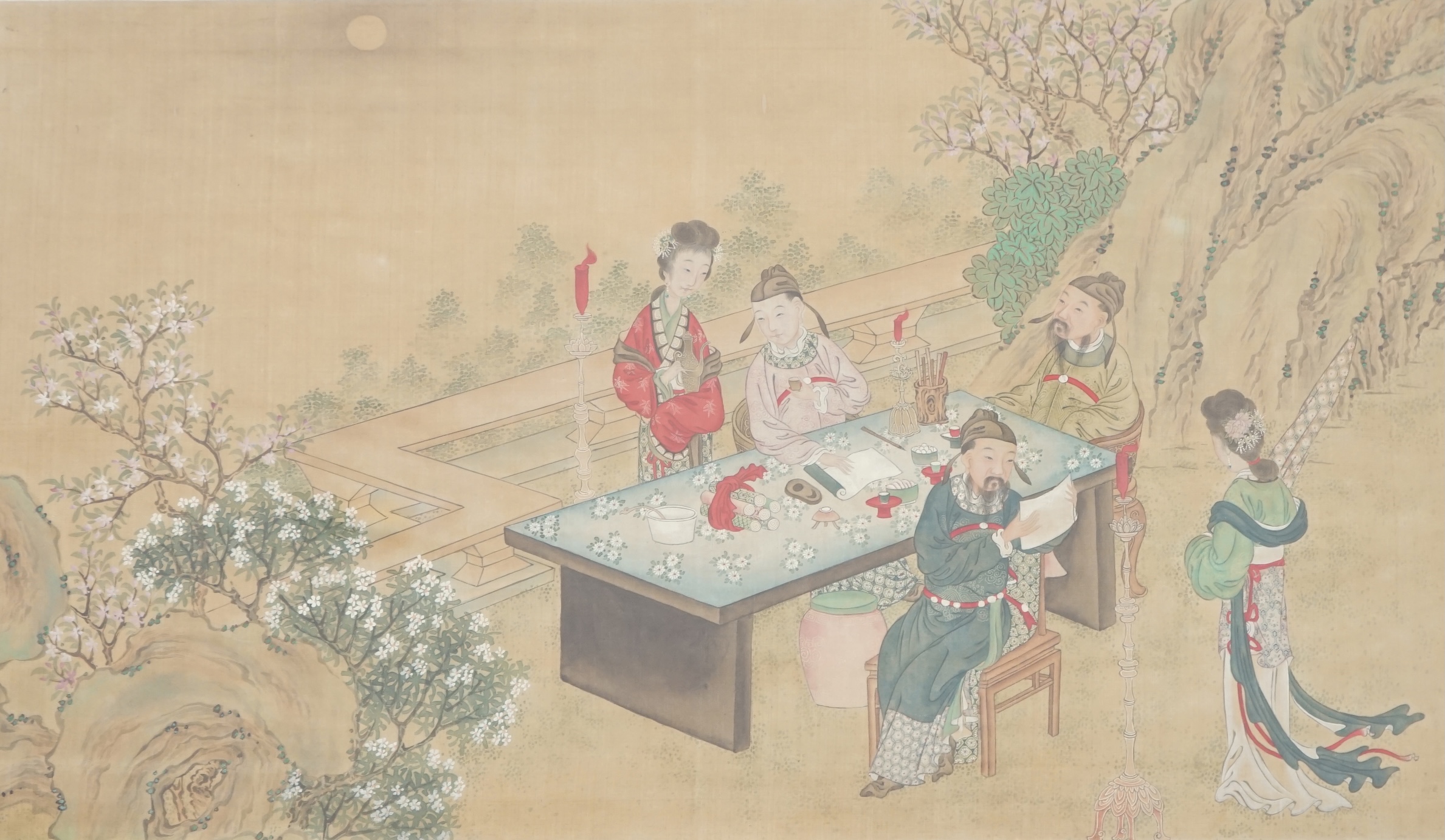 Chinese School, late 19th century, painting on silk, Scholars and attendants in a garden, 35cm x 58cm, framed and glazed. Condition - fair, some general discolouration